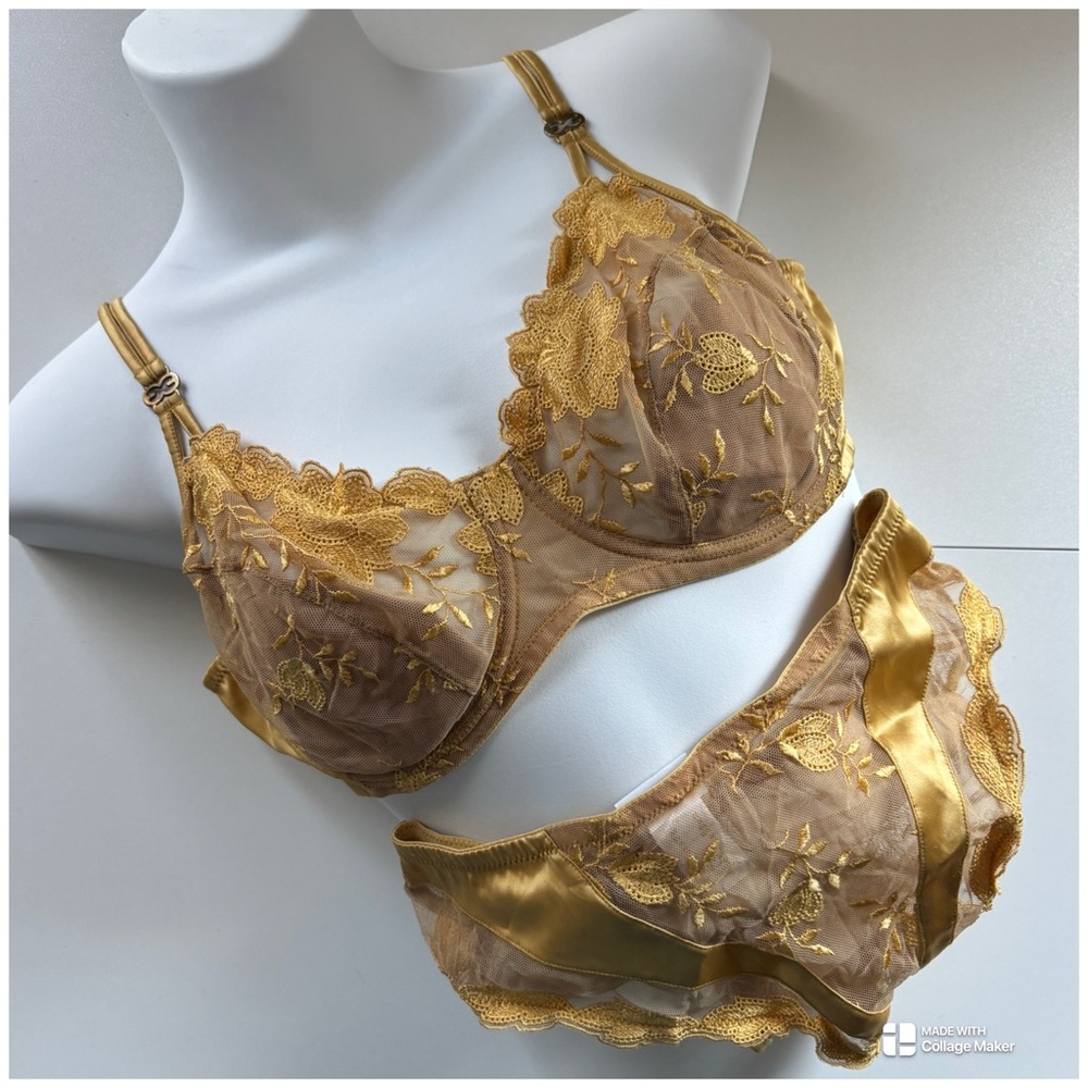 Escada Gold Embroidered Mesh Sheer Lingerie Set Size 34D/4